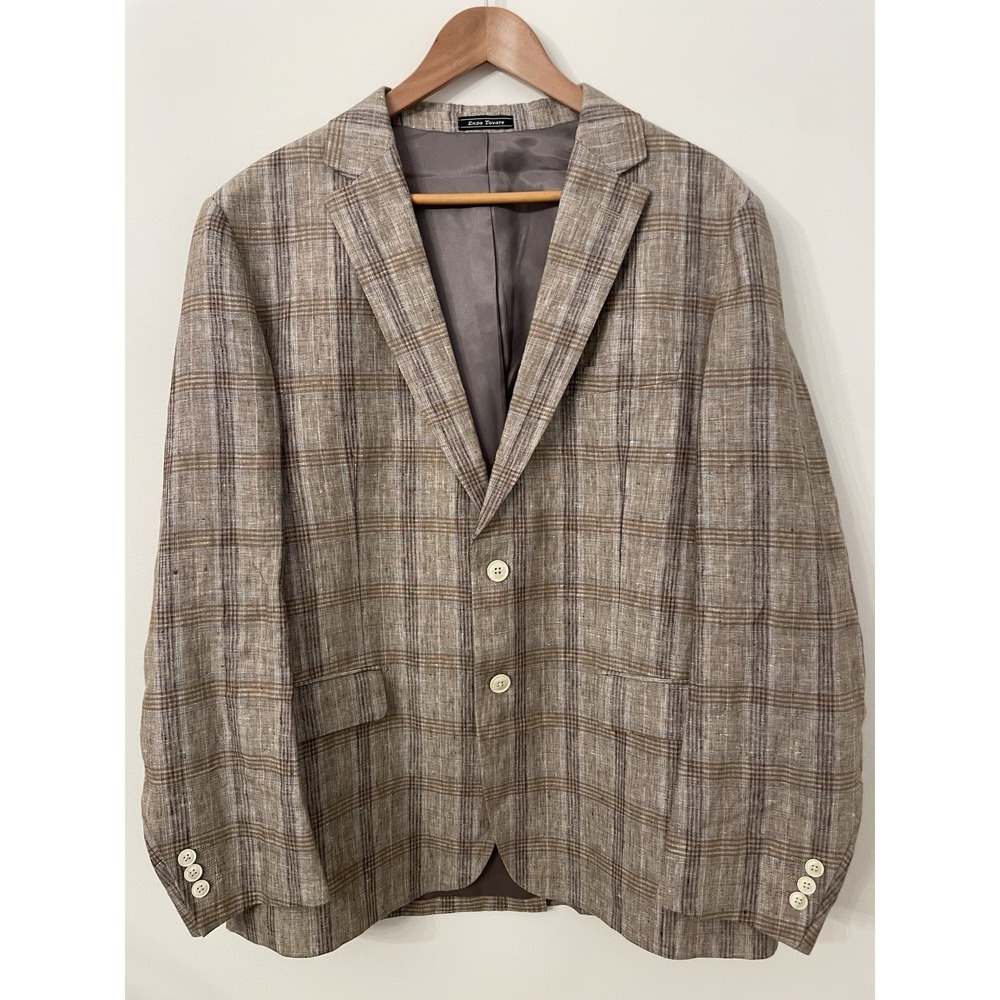 ENZO Tovare Mens Size 44R Sport Coat Blazer 100% Linen Tan Windowpane Plaid Boho